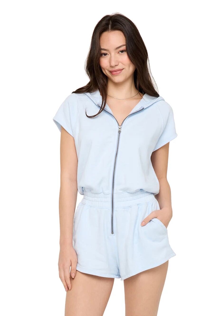 Spiritual Gangster Peyton Hoodie Romper Women’s S Light Blue Short Sleeve EUC